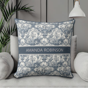 Coussin Vintage bleu floral damasqué Toile de Jouy monogra