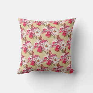 Coussin Vintage Botanique Magnolia Fleurs Roses Beige