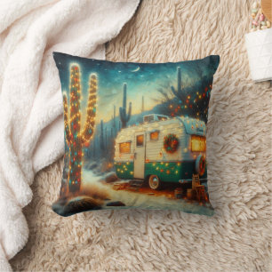 Coussin Vintage Camper Désert de Noël Saguaro Cactus