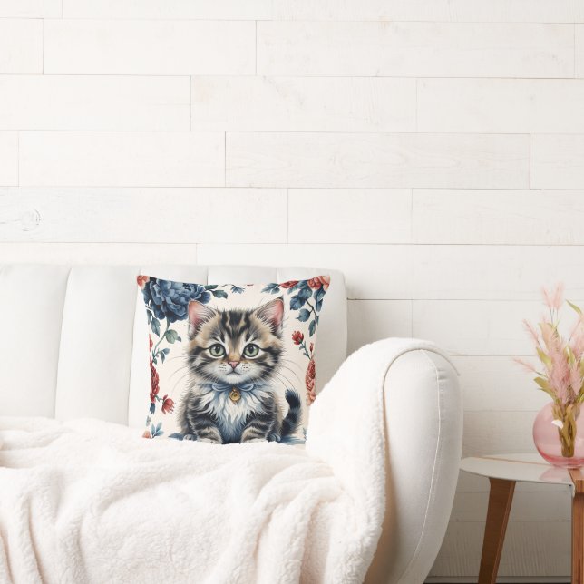 Coussin Vintage Chaton et Fleurs (Canapé)