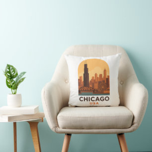 Coussin Vintage Chicago USA Voyage Rétro Skyline de la Vil