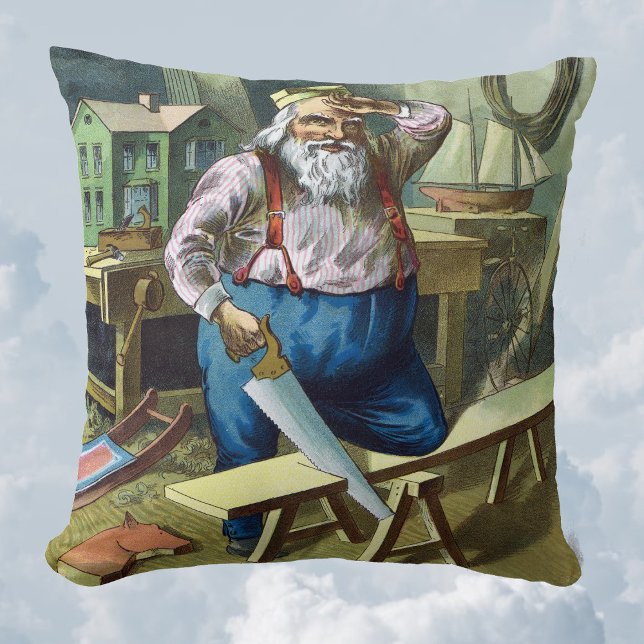 Coussin Vintage Christmas, Santa Claus Building Toys Saw (Créateur téléchargé)