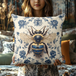 Coussin Vintage Delft Blue Gold Honey Bee Cottagecore