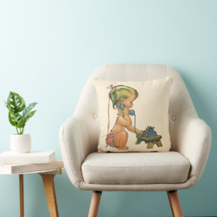 Coussin Vintage enfant mignonne blond fille parler sur le 