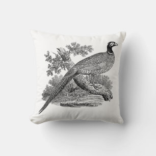 Coussin Vintage faisan Jeu Oiseau Dessin BW