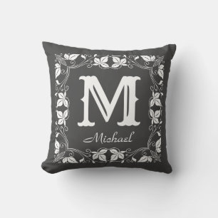 Coussin Vintage Floral Personnalisé Nom Monogramme