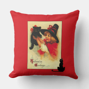 Coussin Vintage Halloween Kitten et Little Girl Throw Pi