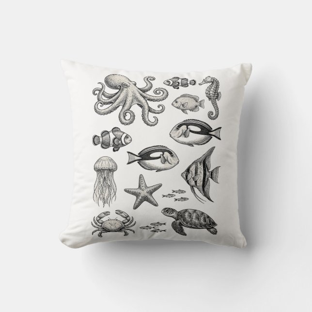 Coussin Vintage Ocean Life Engraving Illustration (Recto)