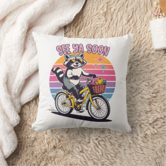 Coussin Vintage Raccoon Biking See Ya Soon Retro Sunset 