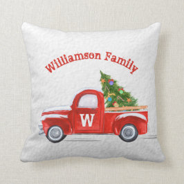 Coussin Vintage Red Truck Christmas Monogramme Nom de fami