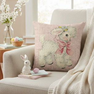 Coussin Vintage rétro lin rose avec un mouton bébé mignon