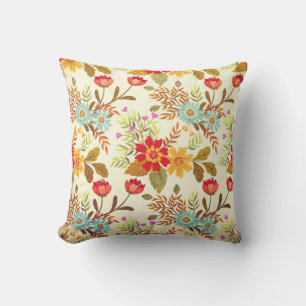 Coussin Vintage Rouge Brown Vert Floral Motif