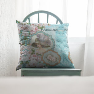 Coussin Vintage Victorienne Rose Florale Poudre Bleu