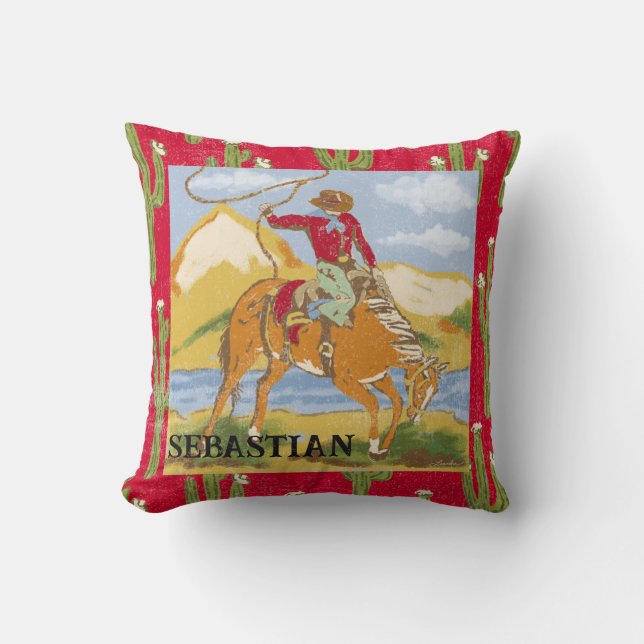 Coussin Vintage Western Cowboy sur Bucking Horse (Recto)