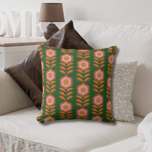 Coussin Vintages floraux, rose sur vert rétro motif