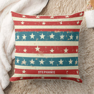 Coussin Vintages rayures rouges, blanches et bleues avec é