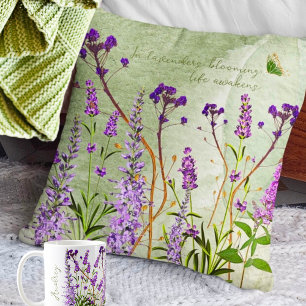 Coussin Violet Lavande Fleurit. Good Vibes. Floral rustiqu