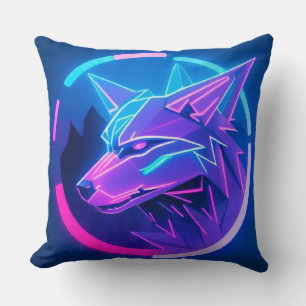 Coussin Visage de loup néon futuriste dans l'art géométriq