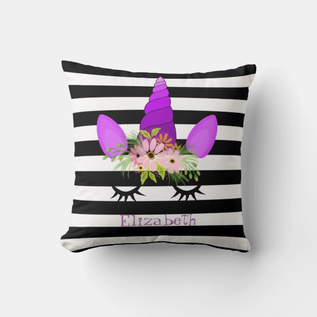 Coussin Visage Unicorne, Couronne Florale, Rayures Personn (Recto)