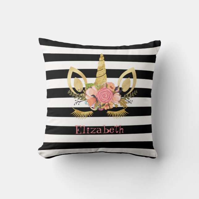 Coussin Visage unicorne, Noir, Grilles blanches Personnali (Recto)