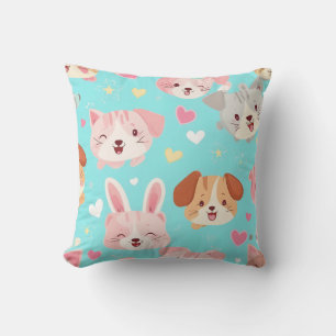 Coussin Visages d'animaux mignons et cœurs pastel