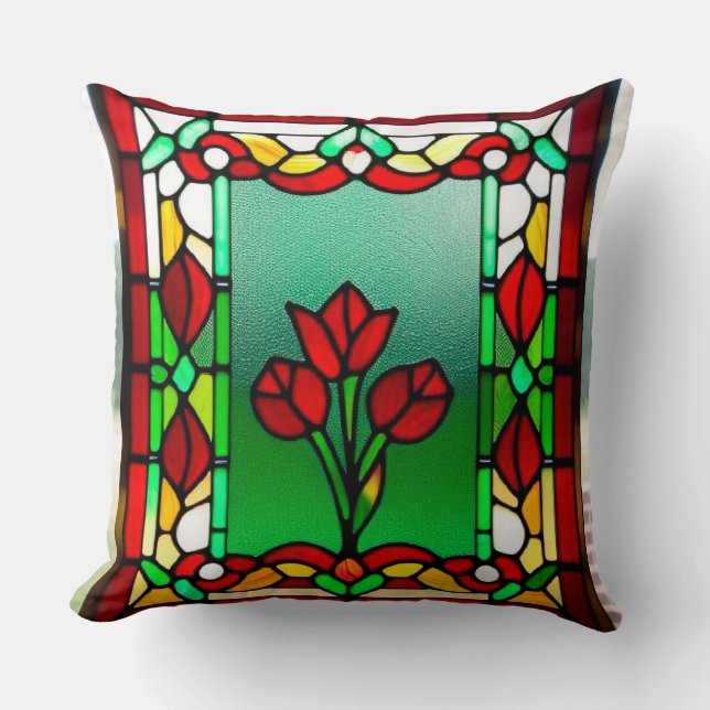 Coussin Vitrail avec fleur rouge (Recto)
