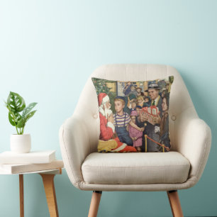 Coussin Vœu de Noël vintage, garçon sur les genoux du Père