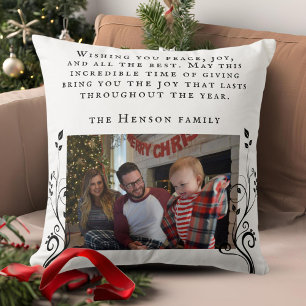Coussin Vœux de feuillage moderne Photo de famille Noël