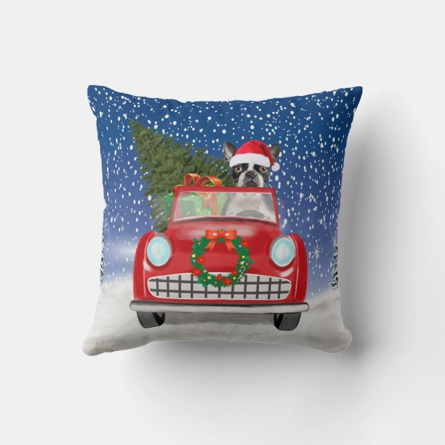 Coussin Voiture de conduite de chien de Boston en neige No (Verso)