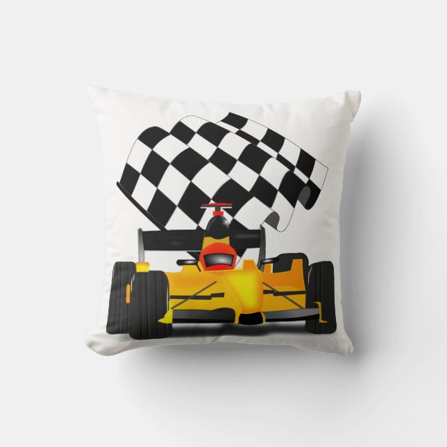 Coussin Voiture de course jaune avec drapeau À damiers (Recto)