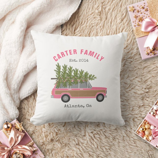 Coussin Voiture de la famille rose sapin de Noël (Créateur téléchargé)