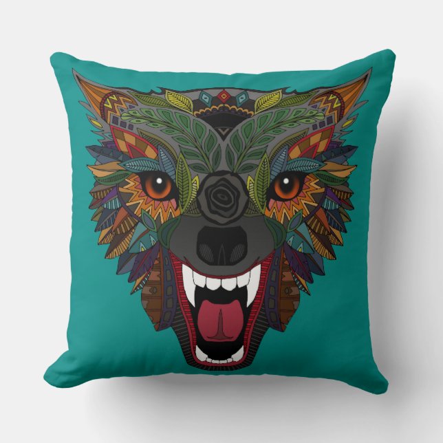 Coussin vol de combat de loup turquoise (Recto)