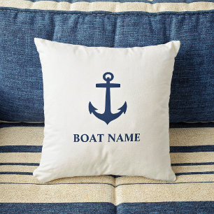 Coussin Votre nom de bateau Ancre classique Marine bleu et