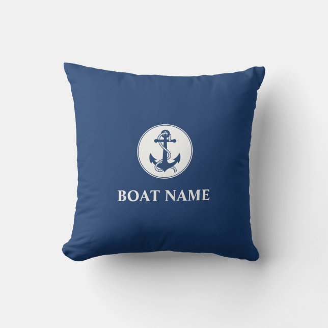 Coussin Votre nom de bateau Corde et Ancre Bleu (Recto)