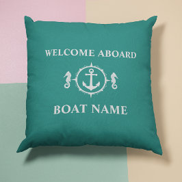 Coussin Votre nom de bateau Welcome Aboard Seahorse Ancre 