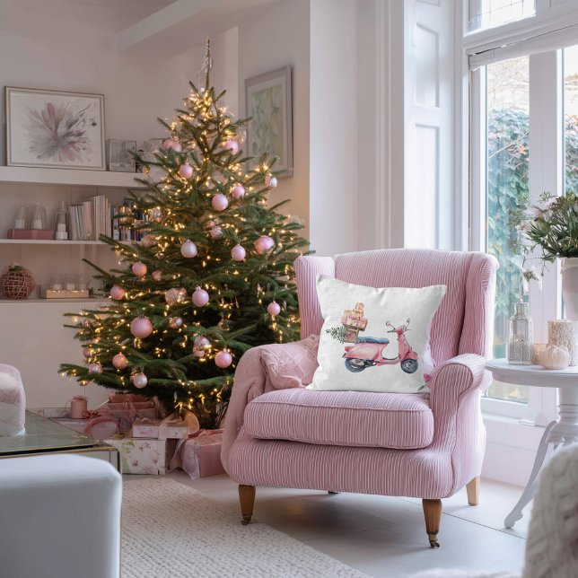 Coussin Voyage shopping de Noël Vespa rose (Pink Vespa Christmas shopping trip pillow )