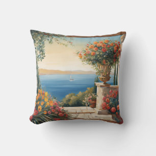 Coussin Vue sur la mer Méditerranée avec des fleurs