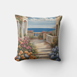 Coussin Vue Sur La Mer Méditerranée Avec Fleurs