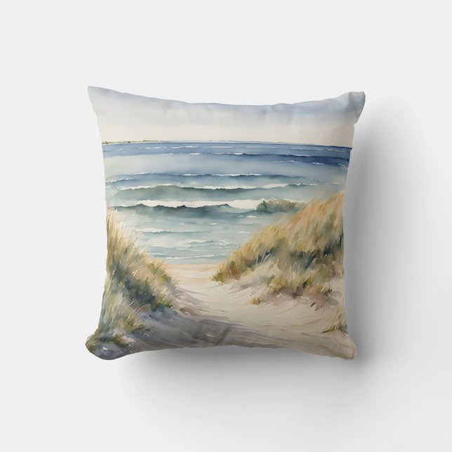 Coussin Watercolor Beach Scene Ocean Waterscape (Recto)
