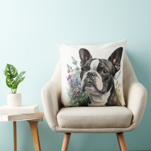 COUSSIN WATERCOLOR BOSTON TERRIER CHIEN AVEC FLEURS