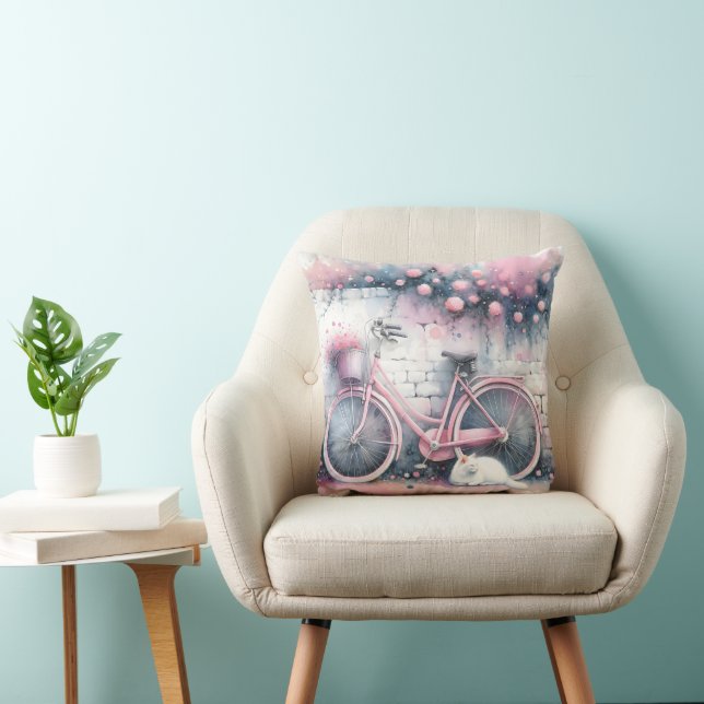 Coussin Watercolor Chat et Vélo rose (Chaise)