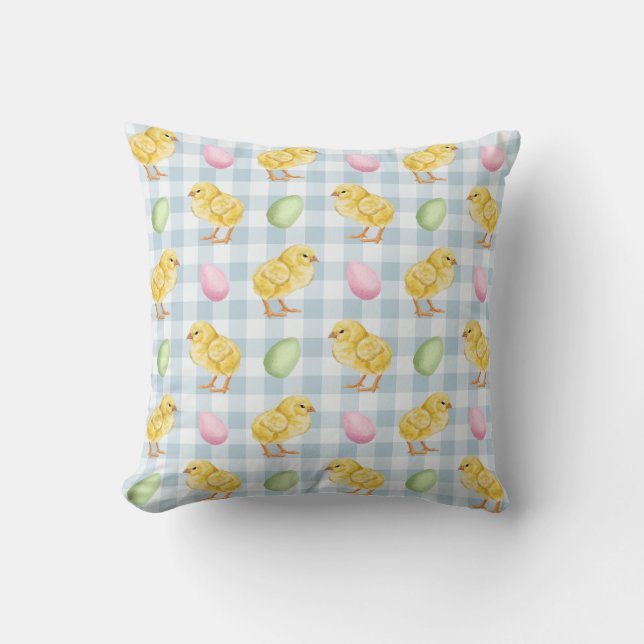 Coussin Watercolor Chick And Eggs On Blue Gingham Pattern (Recto)