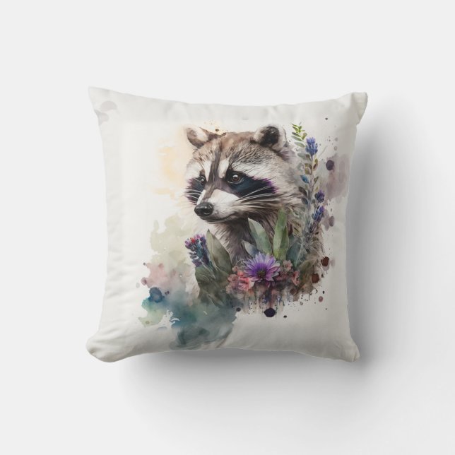 Coussin Watercolor Cute Raccoon Spring Flowers        (Recto)