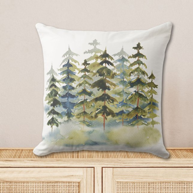 Coussin Watercolor Foggy Green Pine Forest (In situ)