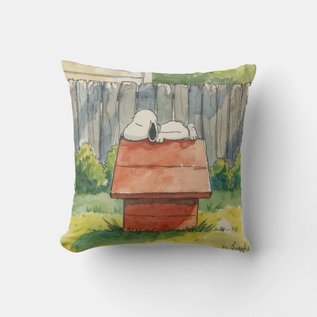 Coussin Watercolor Sleeping Dog on Red Doghouse Art (Recto)