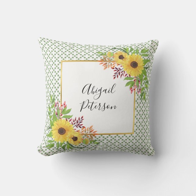 Coussin Watercolor sunflowers and green geometric pattern (Recto)