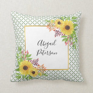 Coussin Watercolor sunflowers and green geometric pattern