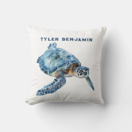 Coussin Watercolor Whimsical Blue Sea Turtle