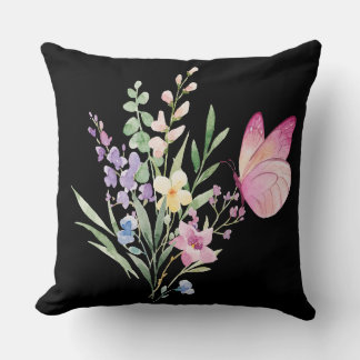 Coussin Watercolor Wildflower Bouquet with Pink Butterfly