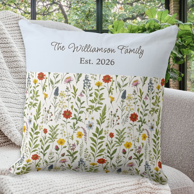 Coussin Watercolor Wildflowers Pattern Personalized (A personalized throw pillow with pattern of colorful wildflowers in a watercolor style)